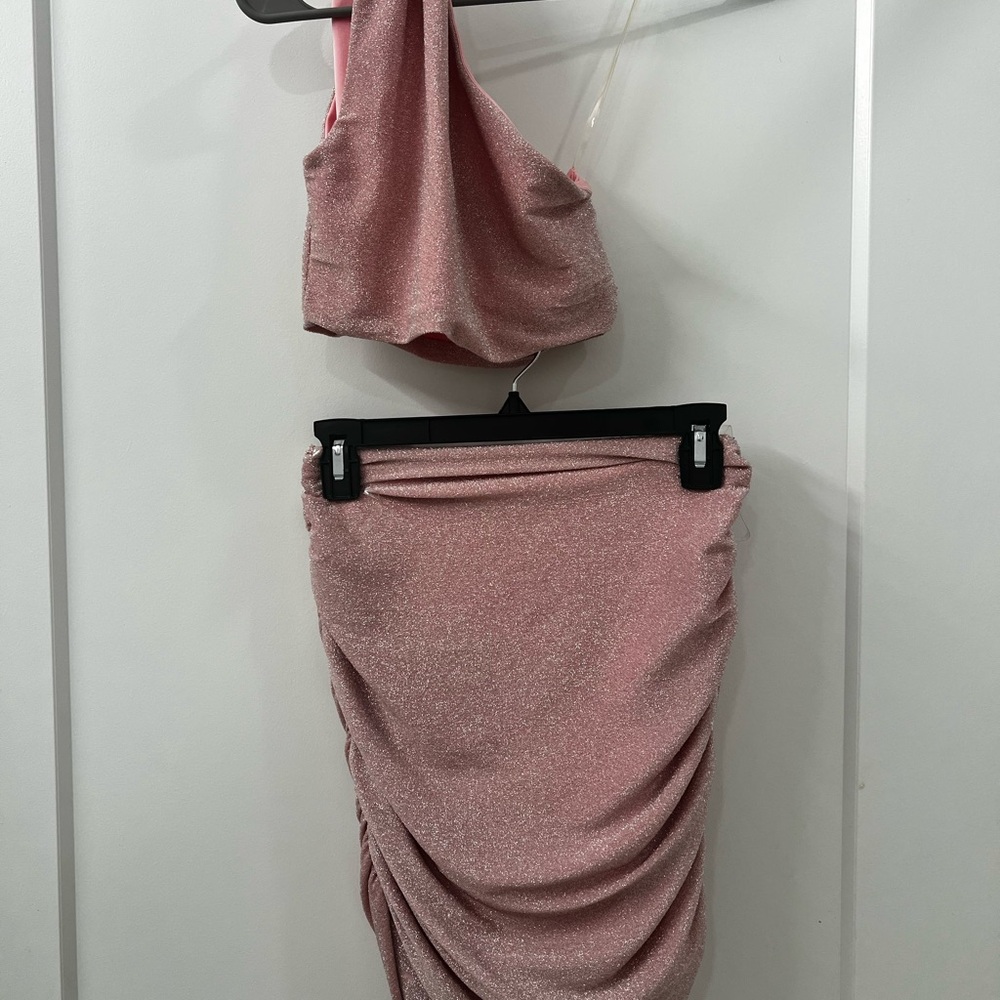 Meshki Pink Ruched Midi Skirt Set